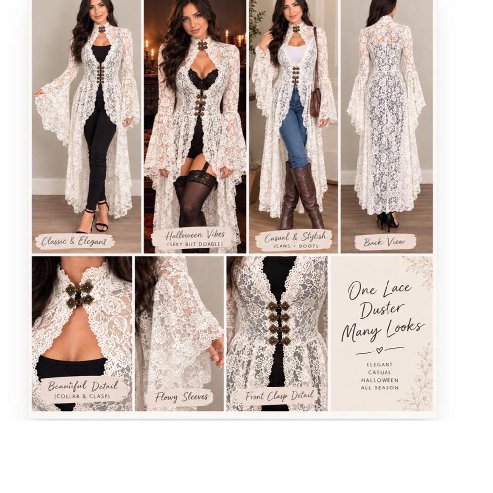 White Floral Lace duster Bell Sleeve Festival Victorian Renaissance Witchy L